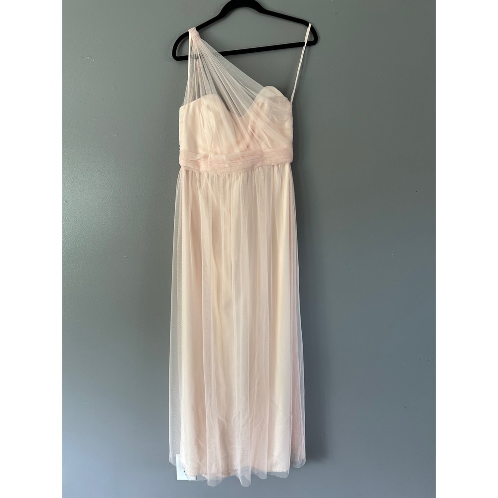 Amsale Blush‎ Pink Tulle Lace One Shoulder Midi Dress SZ 12 Bridesmaid Wedding